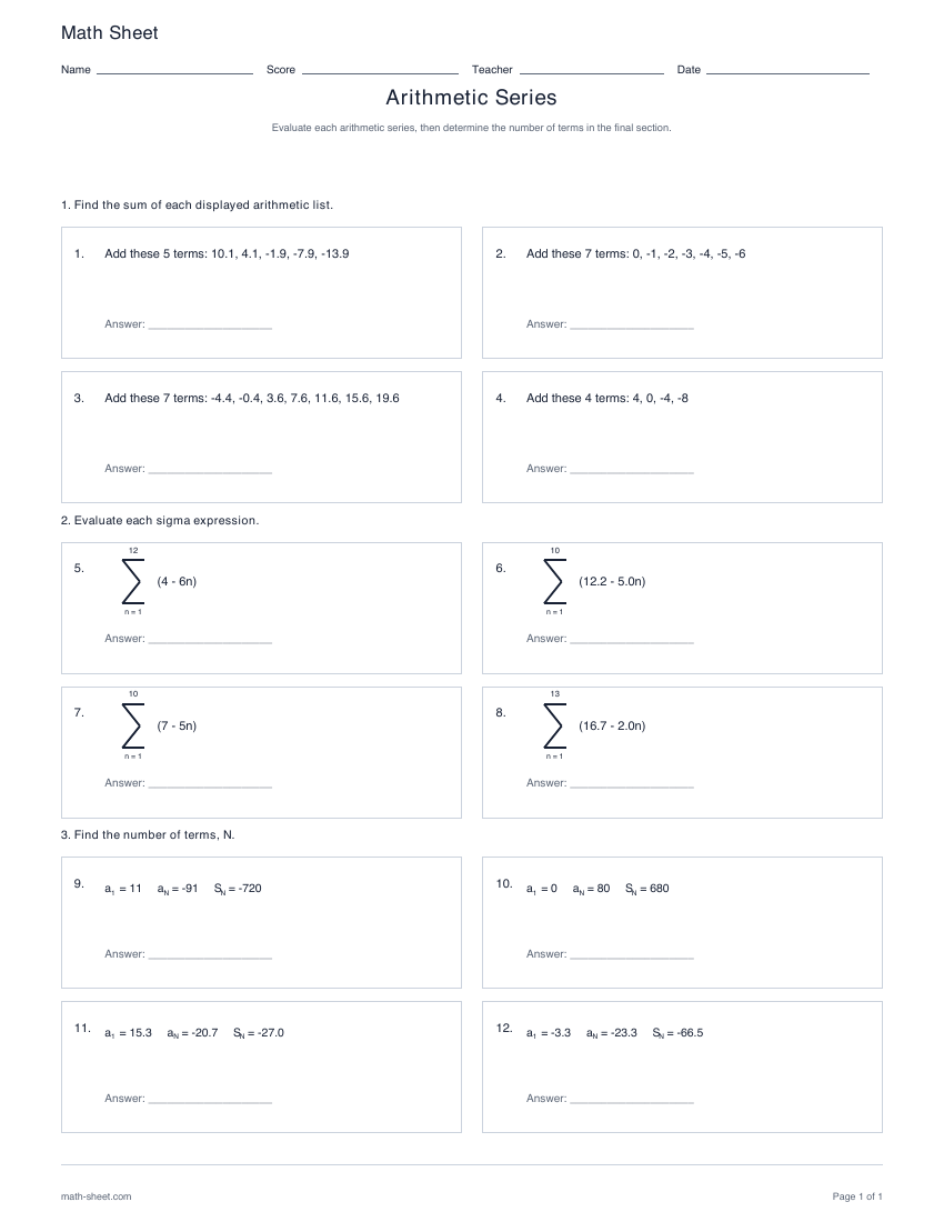 First page preview: Arithmetic series worksheets