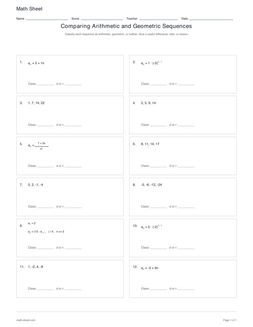 First page preview: Comparing arithmetic and geometric sequences worksheets