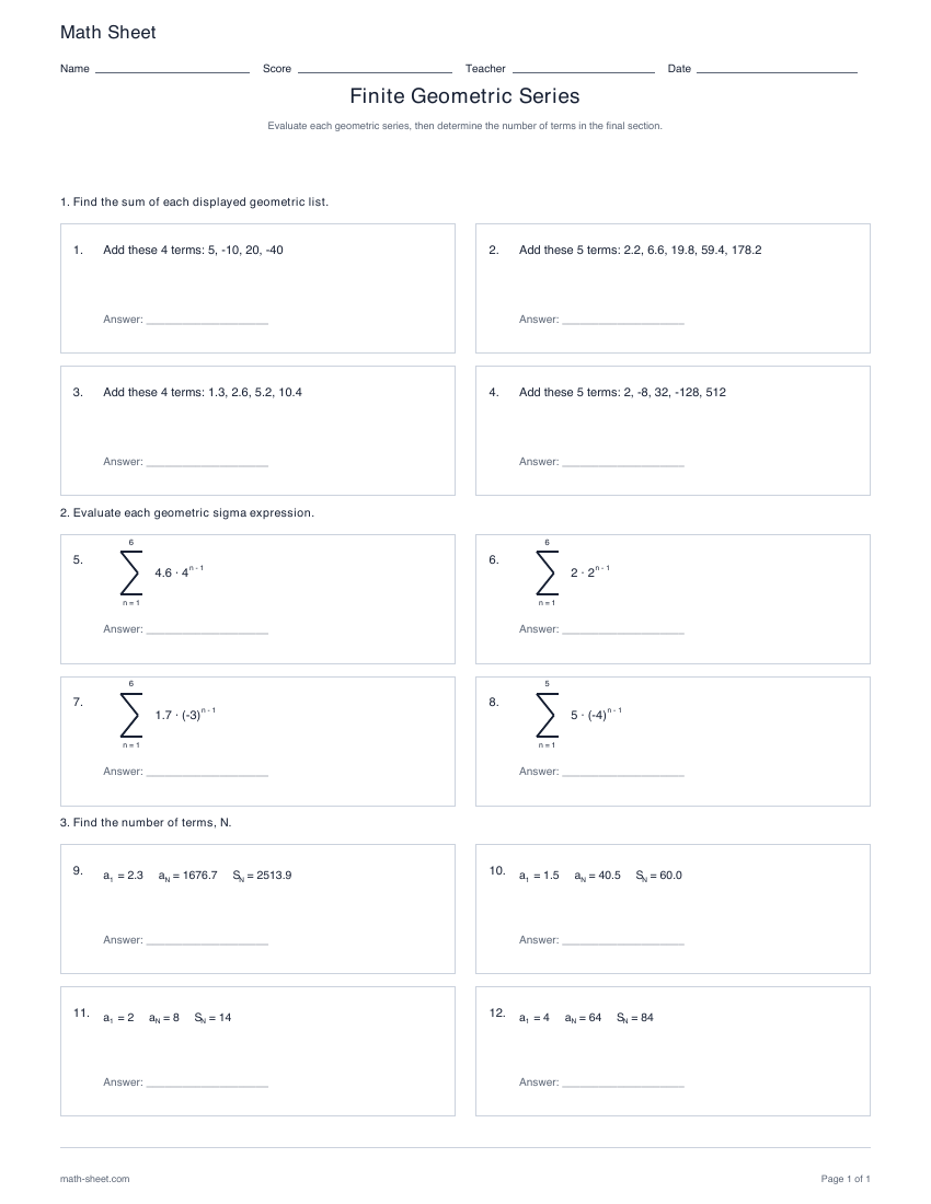 First page preview: Finite geometric series worksheets