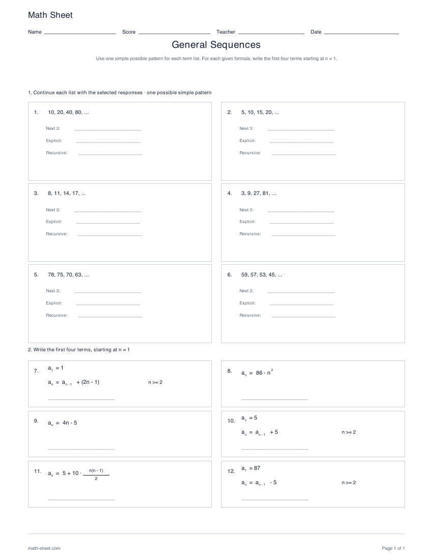 First page preview: General sequences worksheets