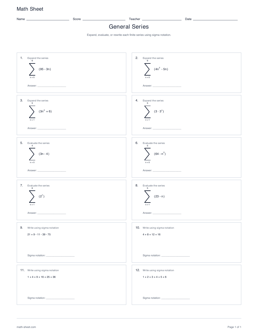 First page preview: General series worksheets