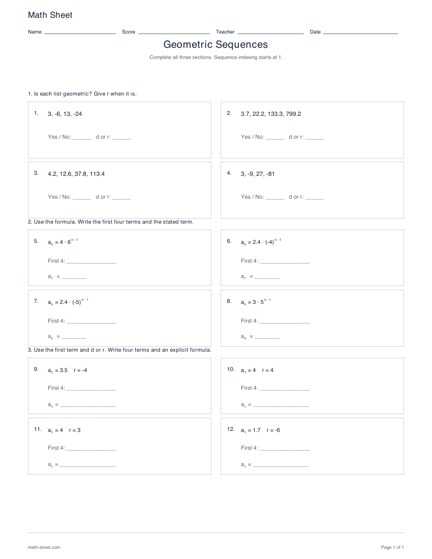 First page preview: Geometric sequences worksheets