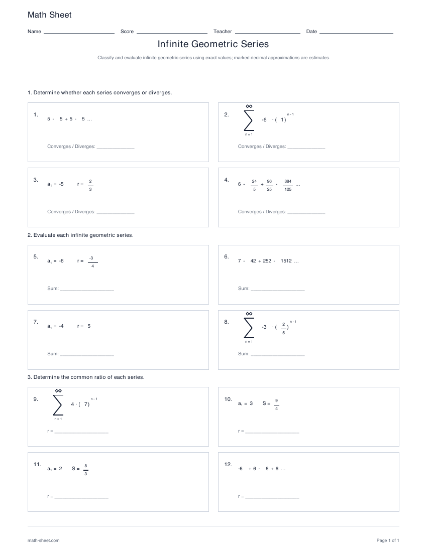 First page preview: Infinite geometric series worksheets