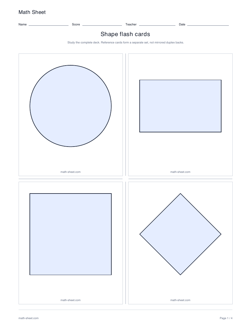 Printable shape flash cards worksheet preview