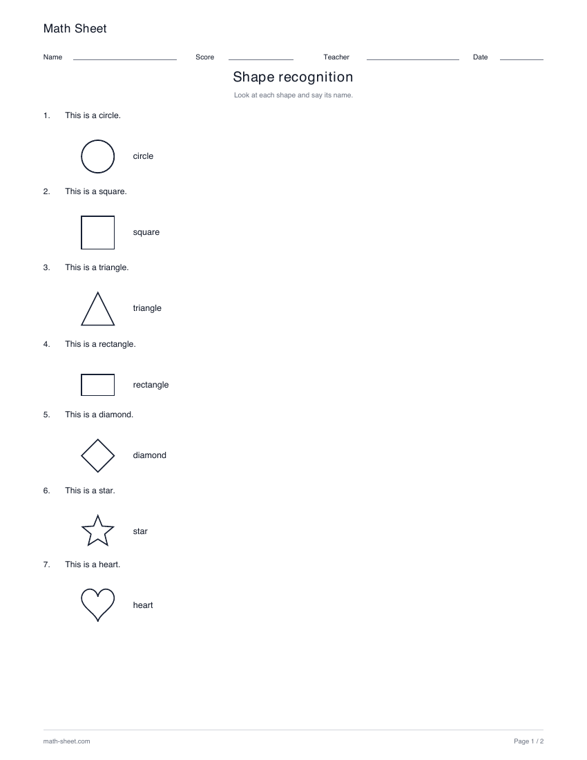 Printable shape recognition worksheet preview