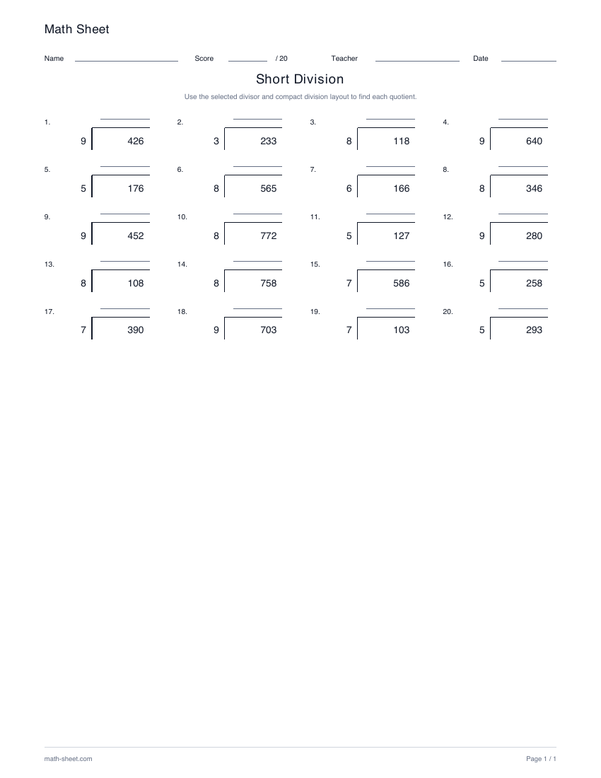 Printable short division worksheet preview