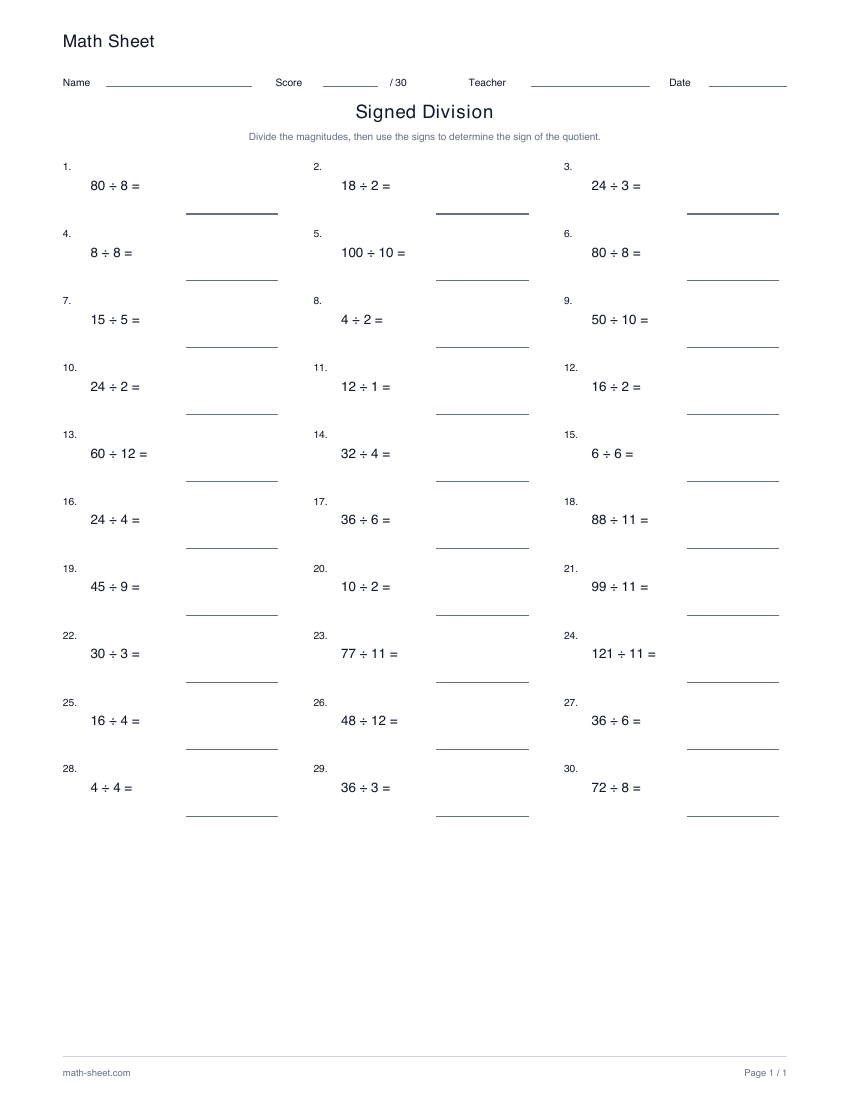 Printable signed division worksheet preview