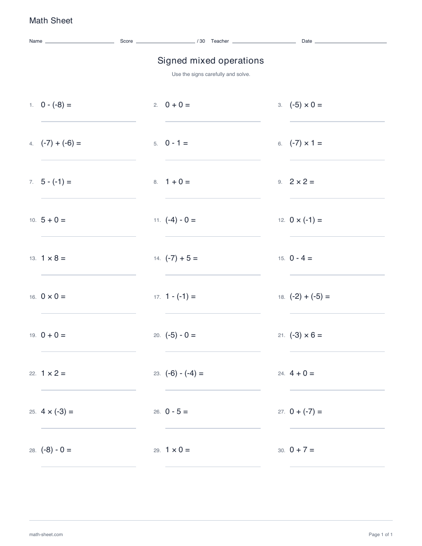 Printable signed mixed operations worksheet preview