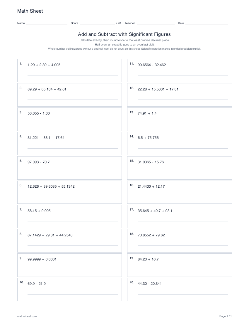 First page preview: Adding and subtracting with significant figures worksheets
