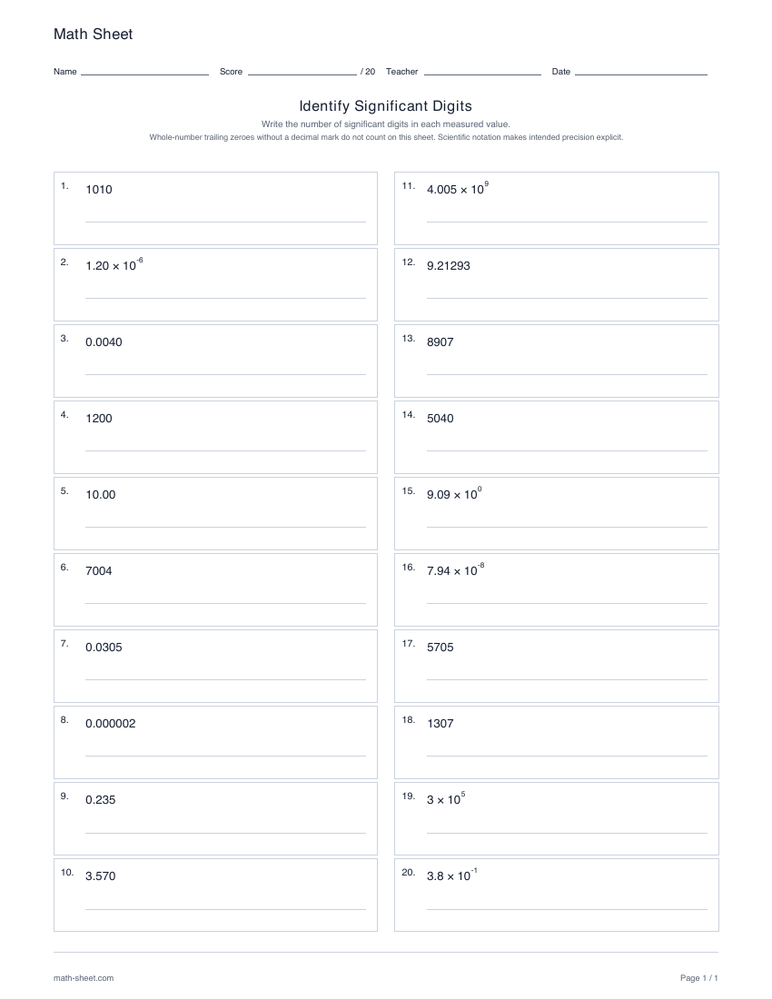 First page preview: Identify significant digits worksheets