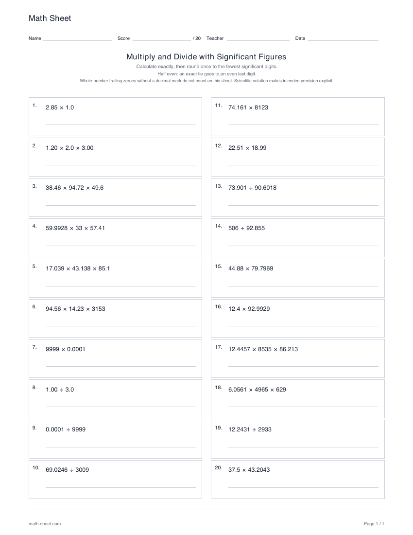 First page preview: Multiplying and dividing with significant figures worksheets