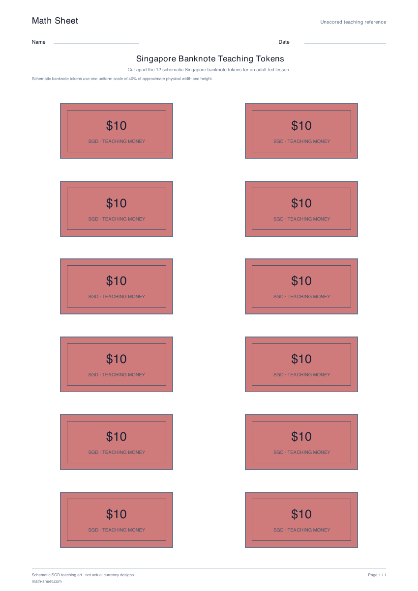Printable singapore banknote teaching tokens worksheet preview