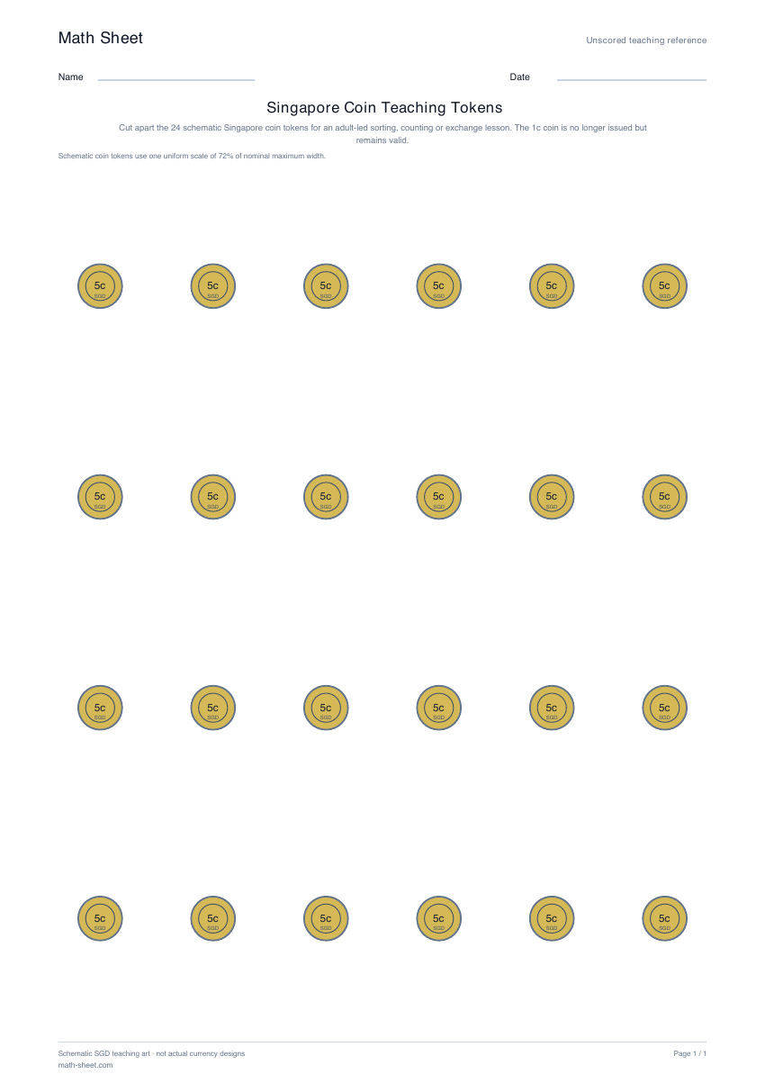 Printable singapore coin teaching tokens worksheet preview