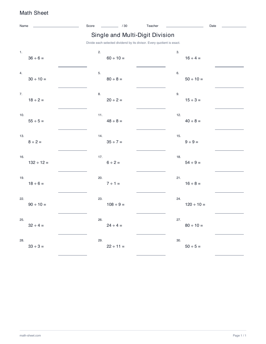 Printable single- and multi-digit division facts worksheet preview