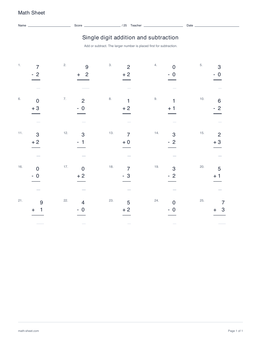 Printable single digit addition and subtraction worksheet preview