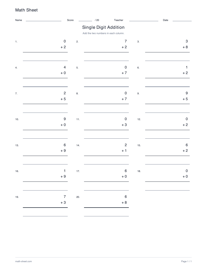 Printable single-digit addition worksheet preview