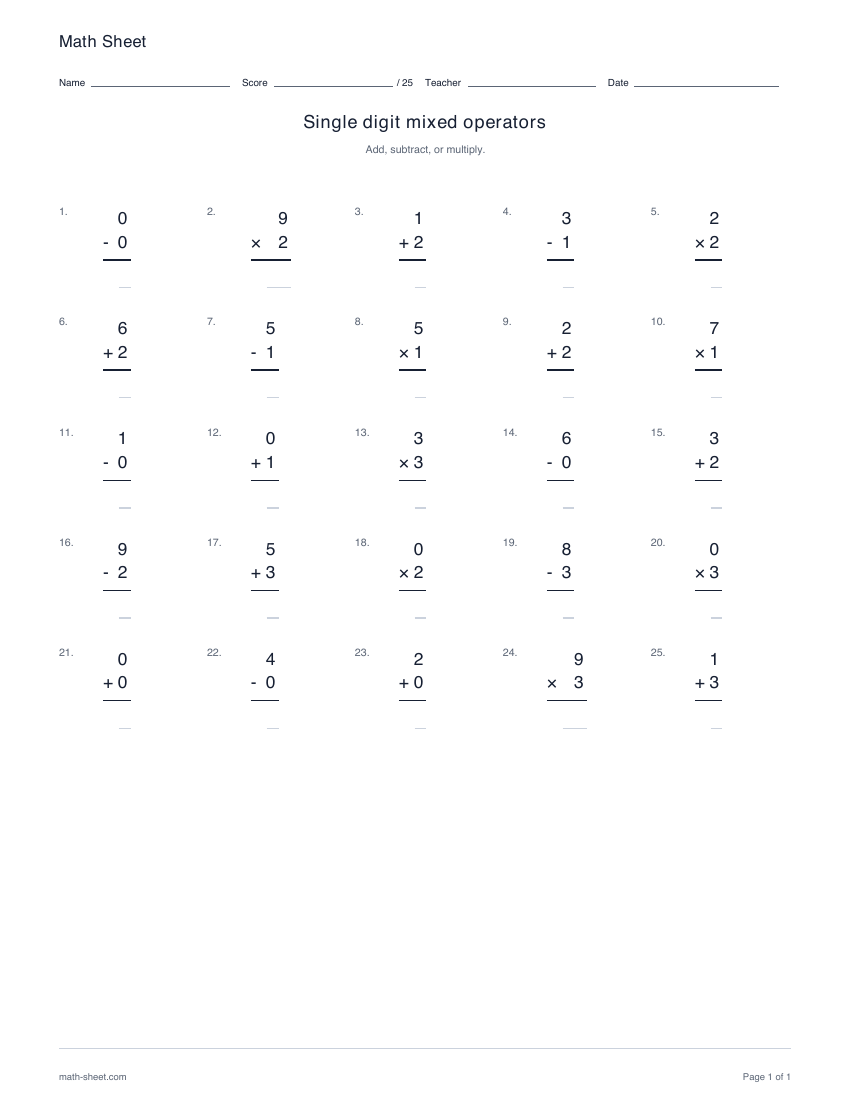 Printable single digit mixed operators worksheet preview