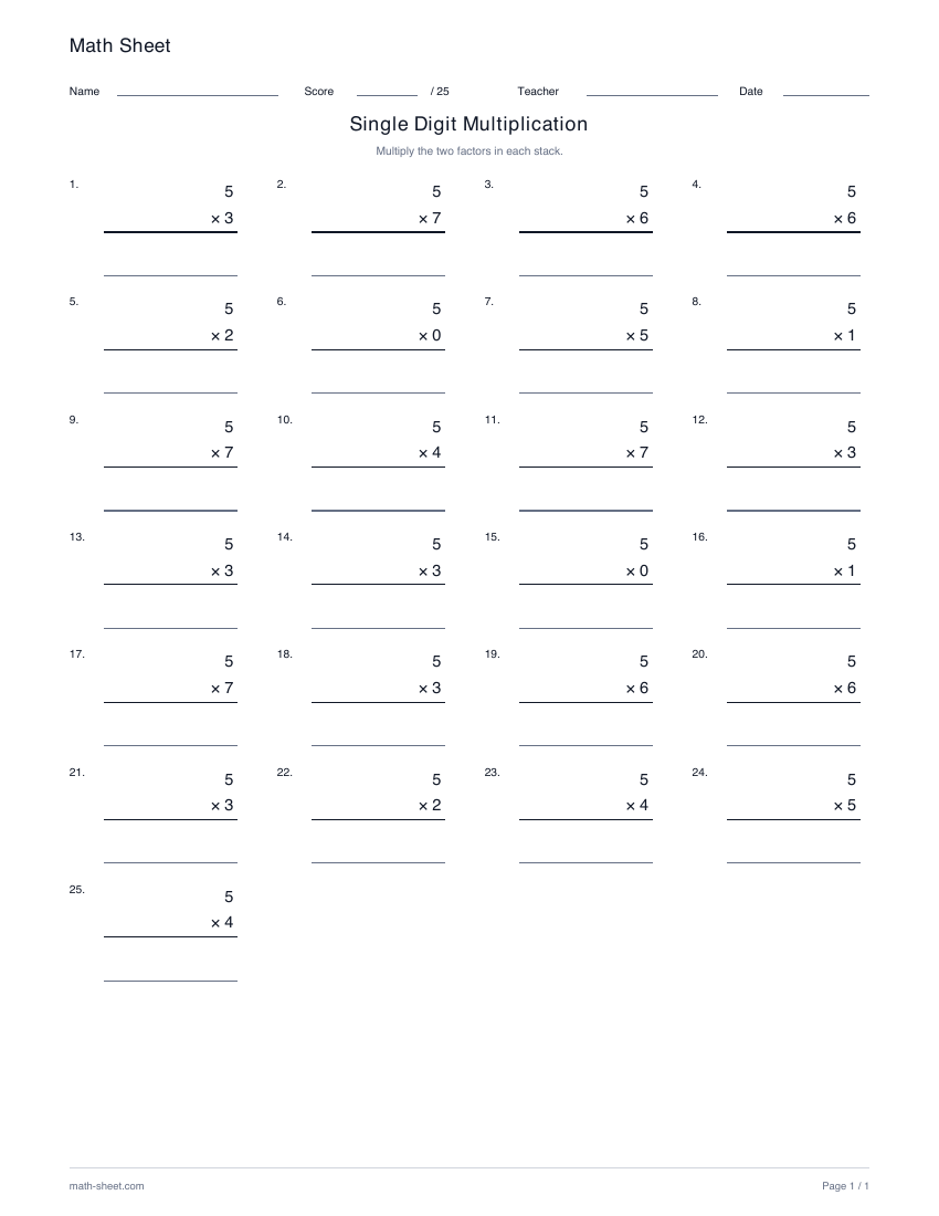Printable single-digit multiplication worksheet preview