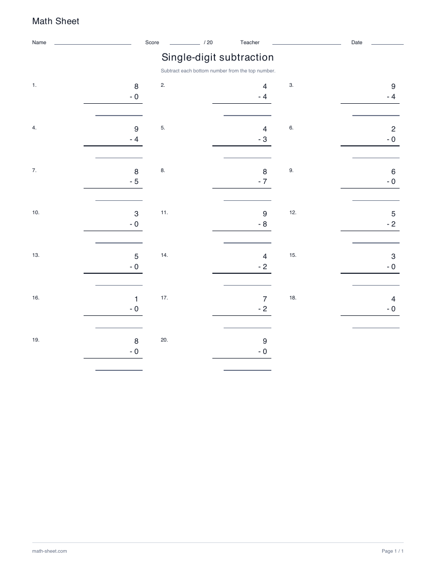 Printable single-digit subtraction worksheet preview