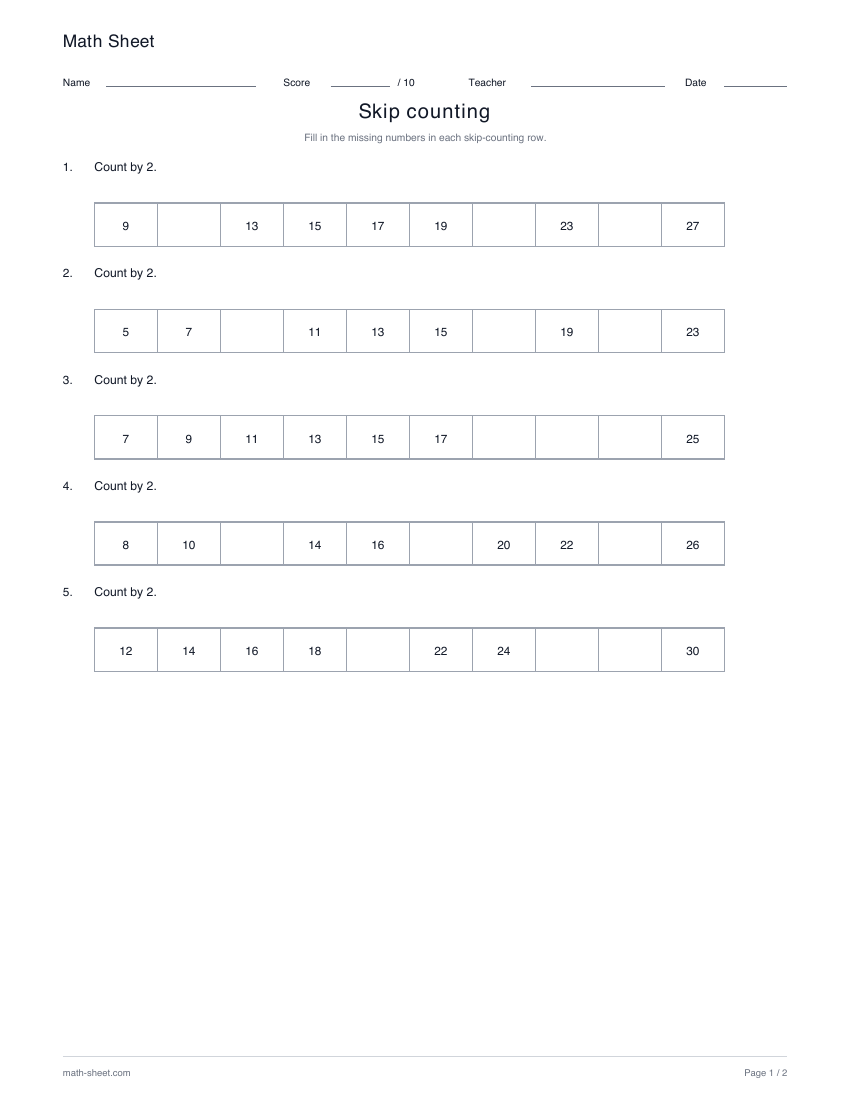 Printable skip counting worksheet preview