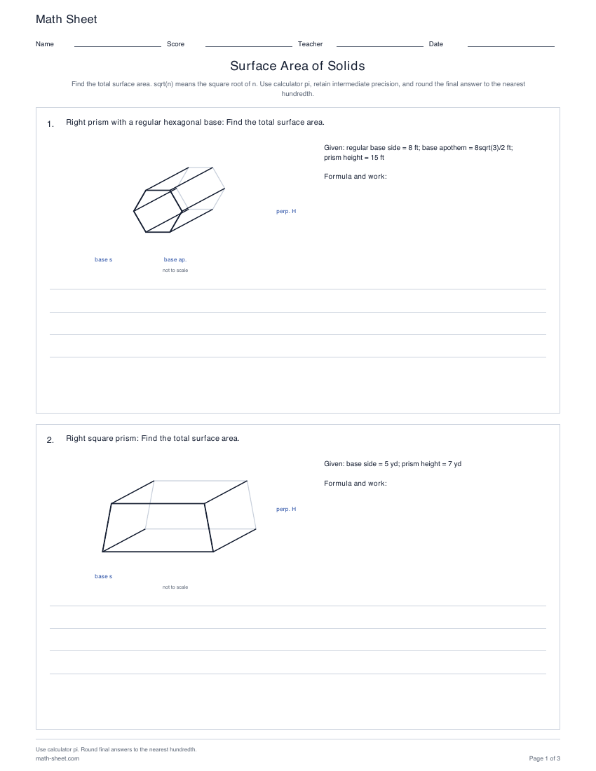 First page preview: Solid Surface Area Worksheets
