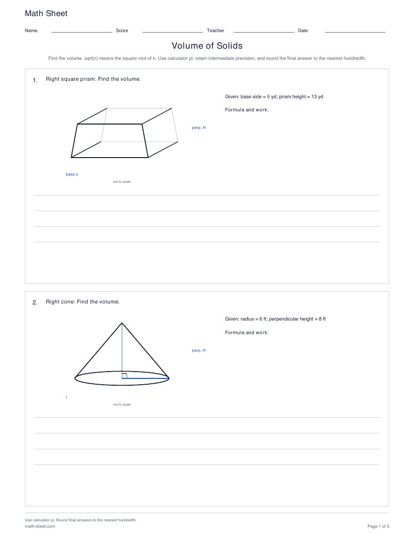 First page preview: Solid Volume Worksheets