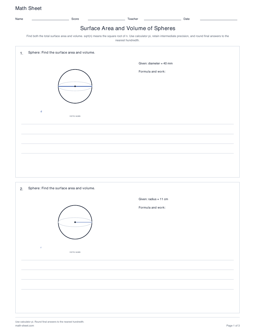 First page preview: Sphere Surface Area and Volume Worksheets