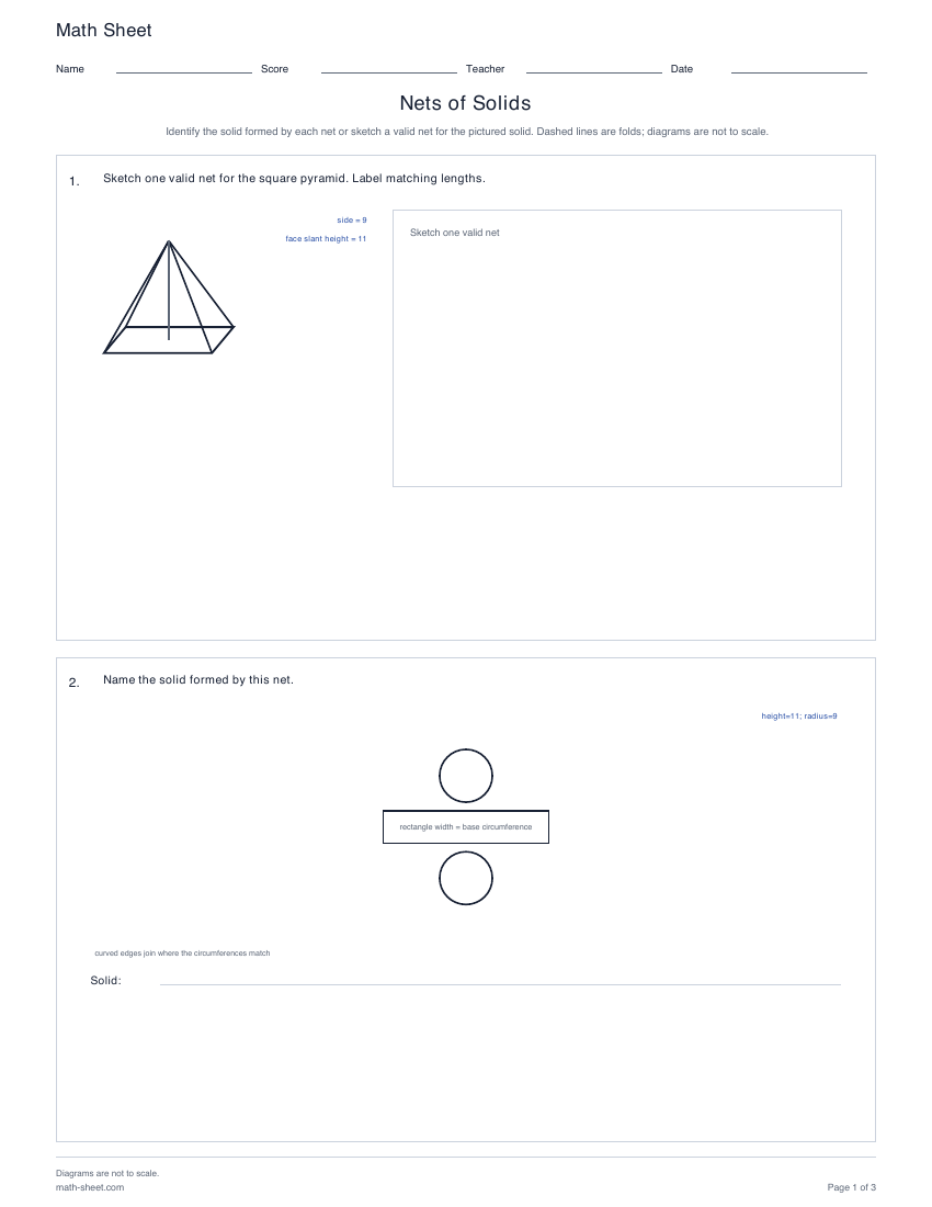 First page preview: Nets of Solids Worksheets