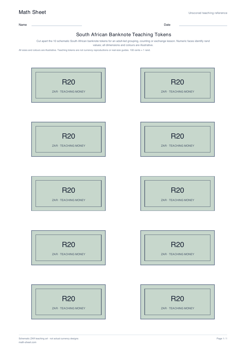 Printable south african banknote teaching tokens worksheet preview