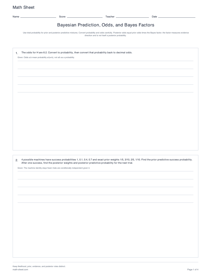 Printable bayesian prediction and odds worksheets preview