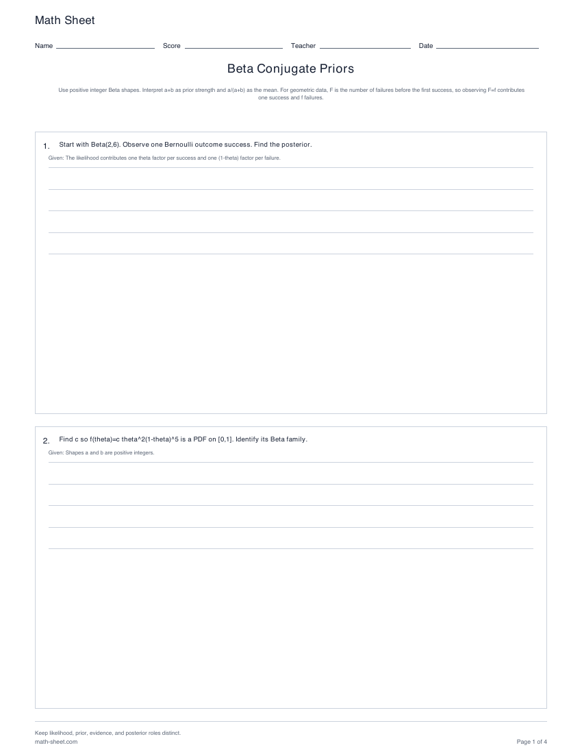 Printable beta conjugate priors worksheets preview