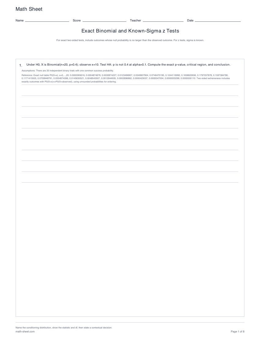 Printable exact binomial and known-sigma z test worksheets preview