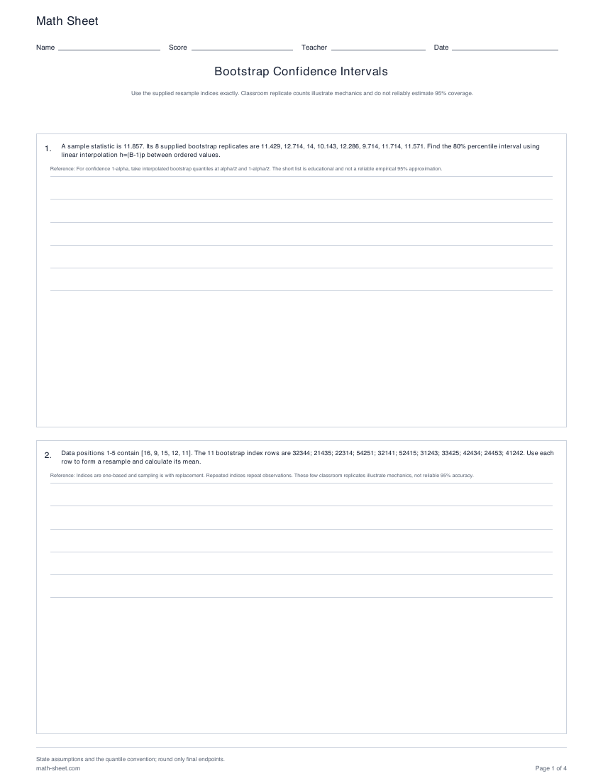 Printable bootstrap confidence intervals worksheets preview