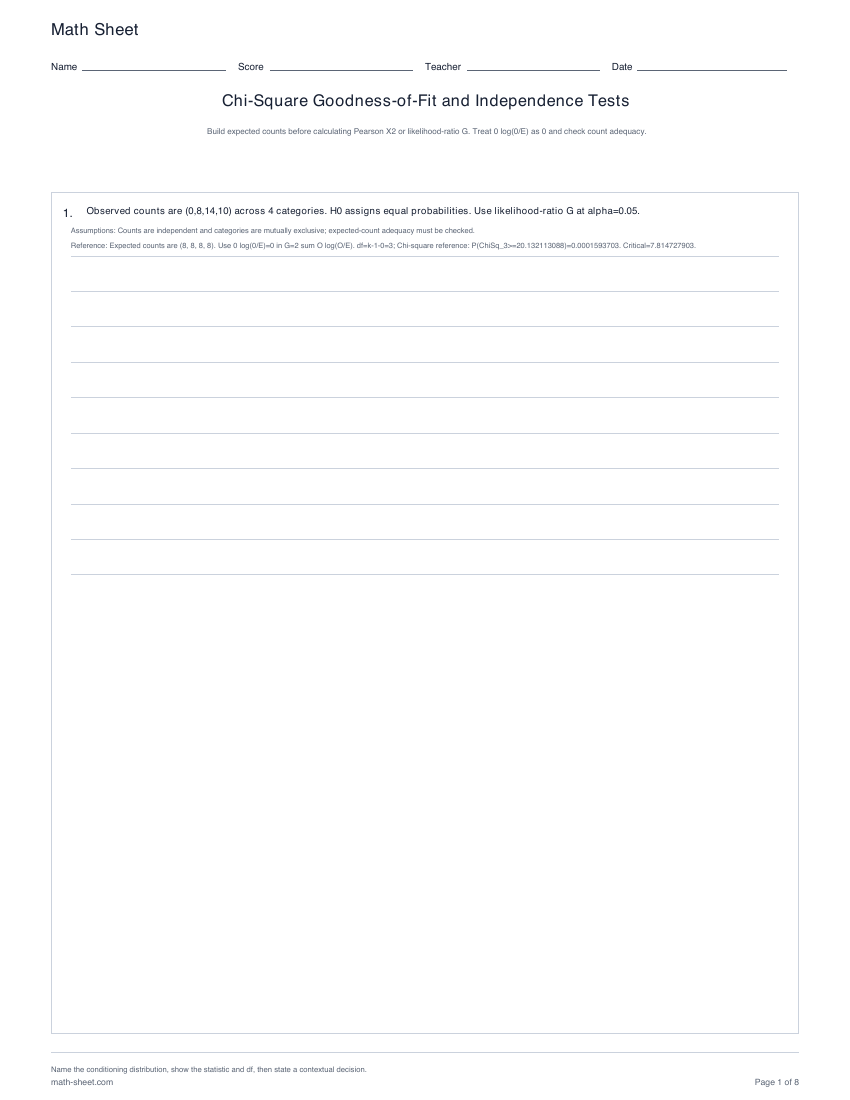 Printable chi-square goodness-of-fit and independence worksheets preview
