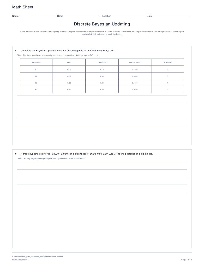 Printable discrete bayesian updating worksheets preview
