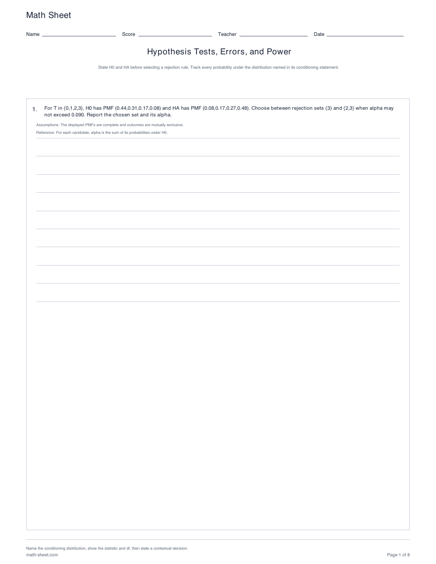 Printable hypothesis tests, errors, and power worksheets preview