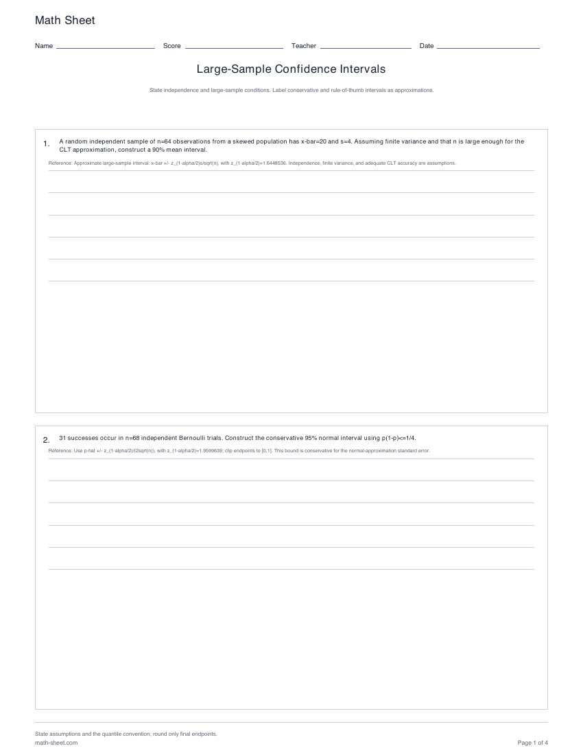 Printable large-sample confidence intervals worksheets preview