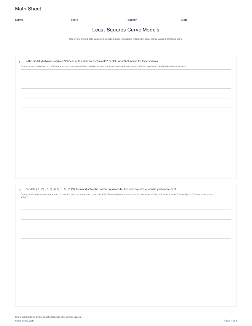 Printable least-squares curve models worksheets preview