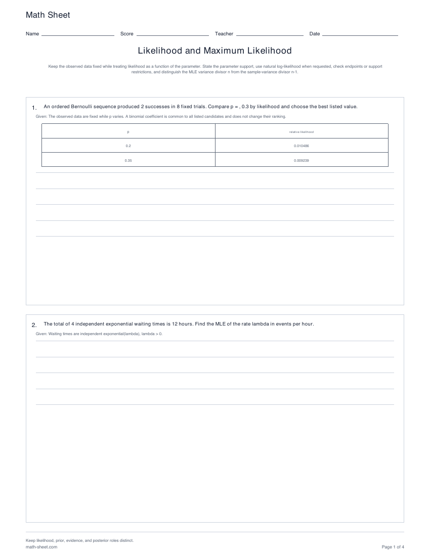 Printable likelihood and mle worksheets preview