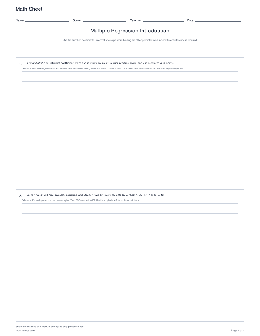 Printable multiple regression introduction worksheets preview