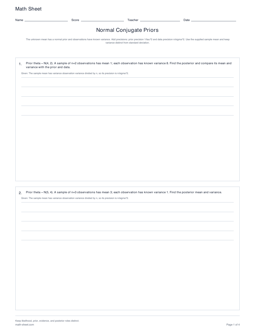 Printable normal conjugate priors worksheets preview