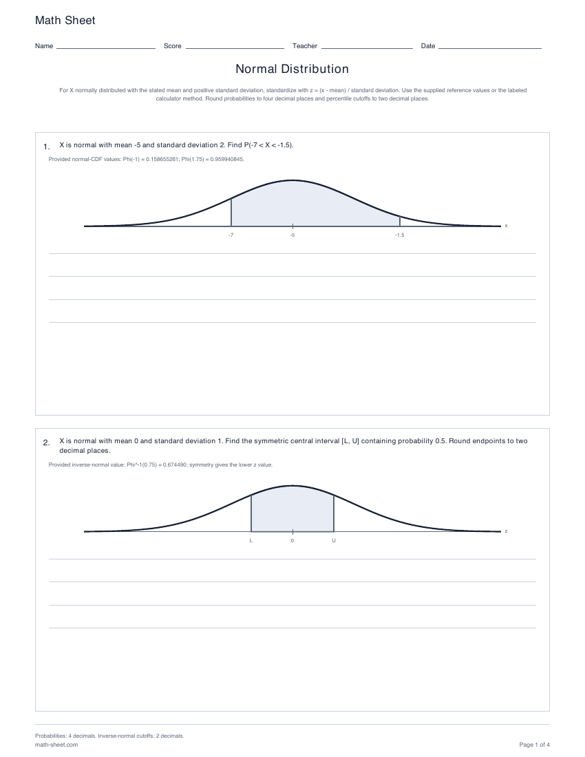 Printable normal distribution worksheets preview