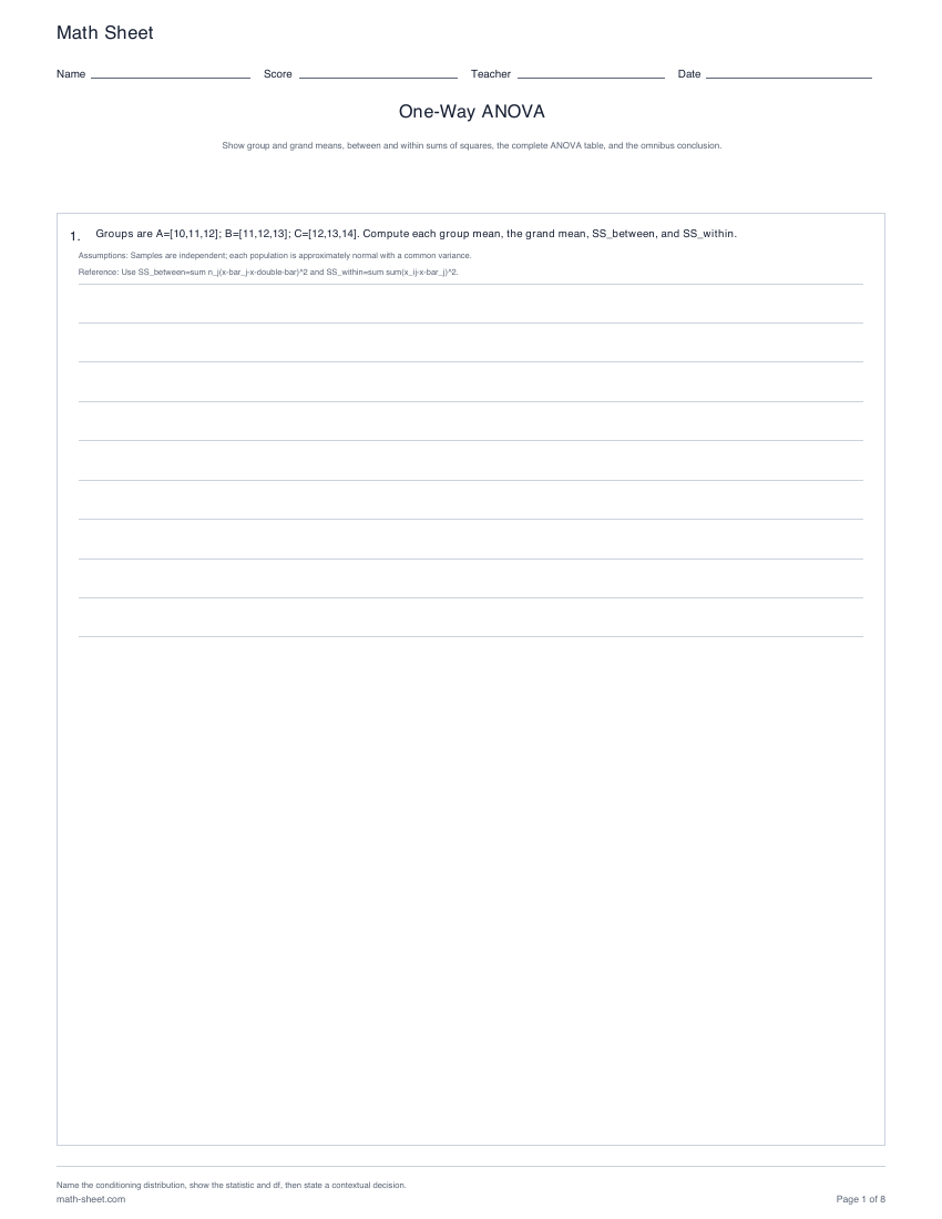 Printable one-way anova worksheets preview