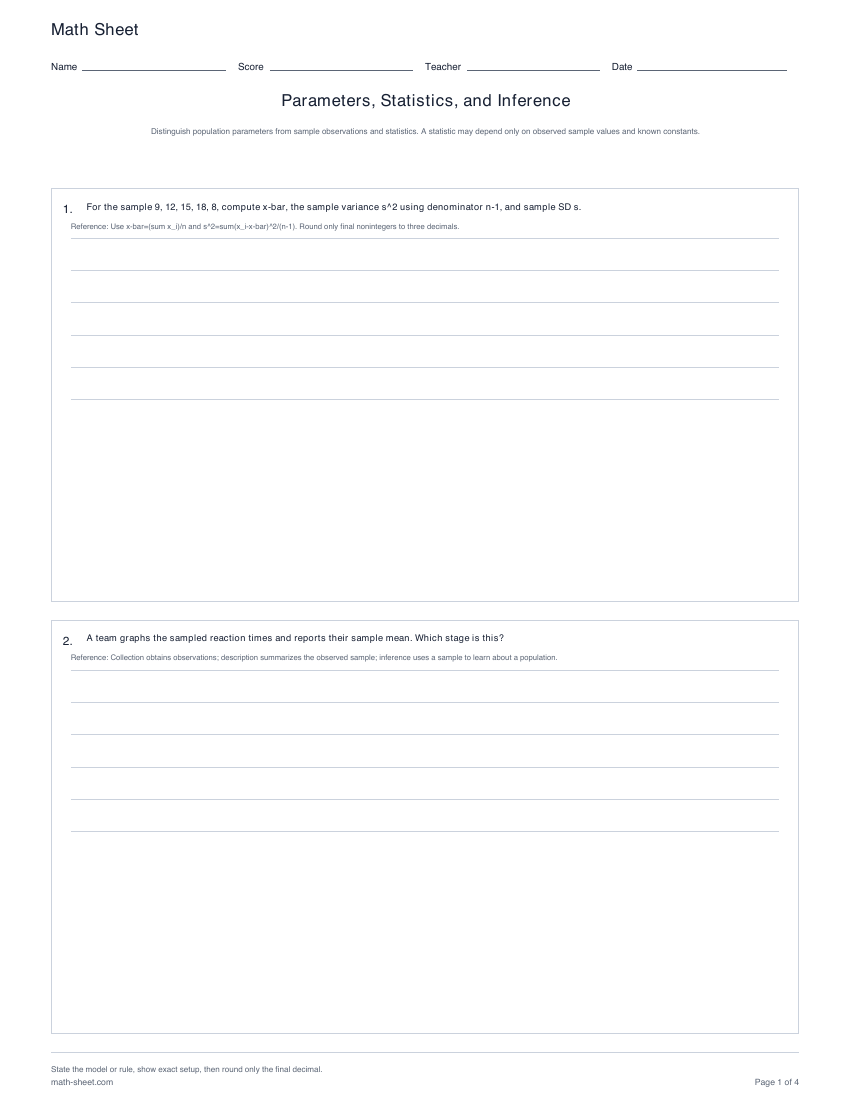 Printable parameters, statistics, and inference worksheets preview