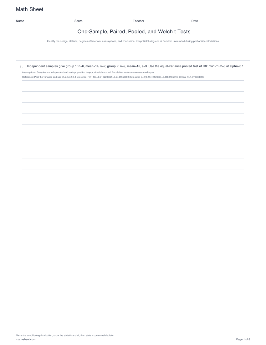 Printable one-sample, paired, pooled, and welch t test worksheets preview