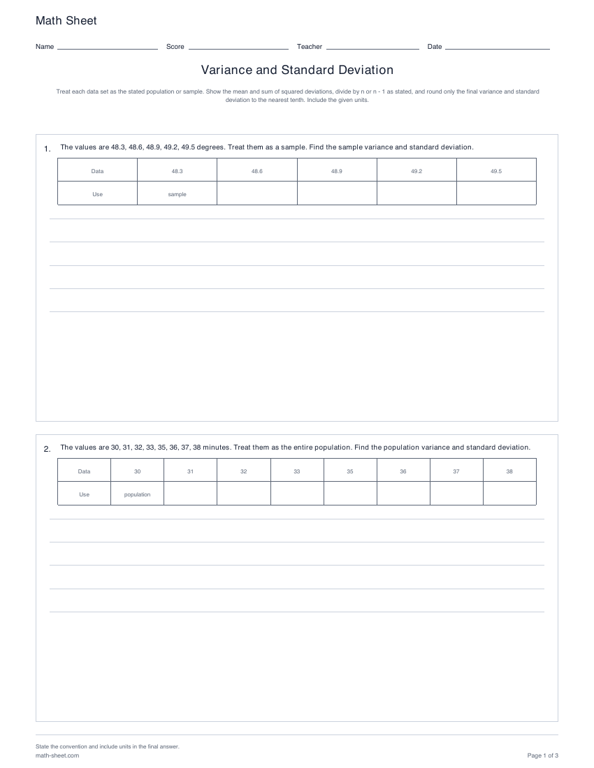 Printable variance and standard deviation worksheets preview