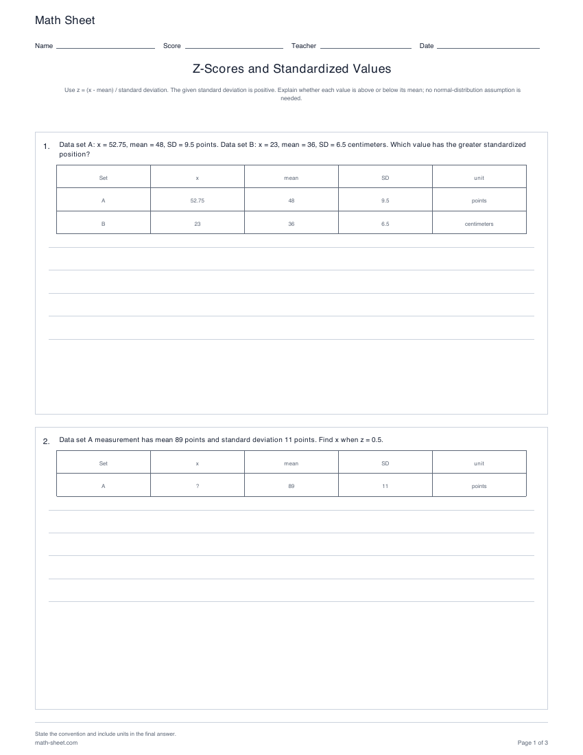 Printable z-scores worksheets preview