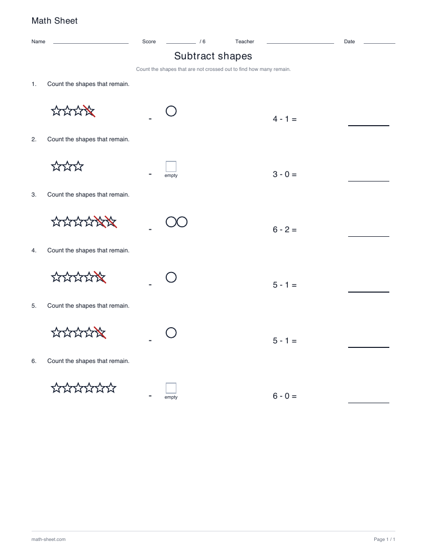 Printable subtract shapes worksheet preview