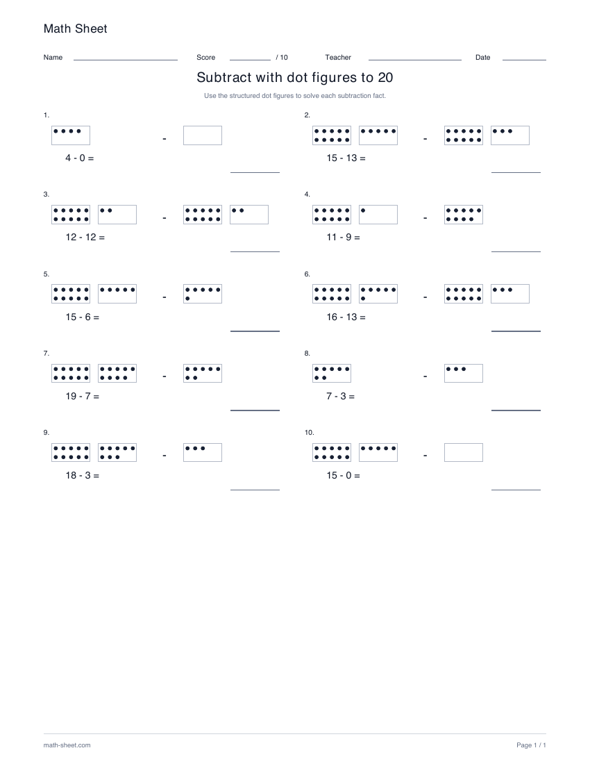 Printable subtract with dot figures to 20 worksheet preview