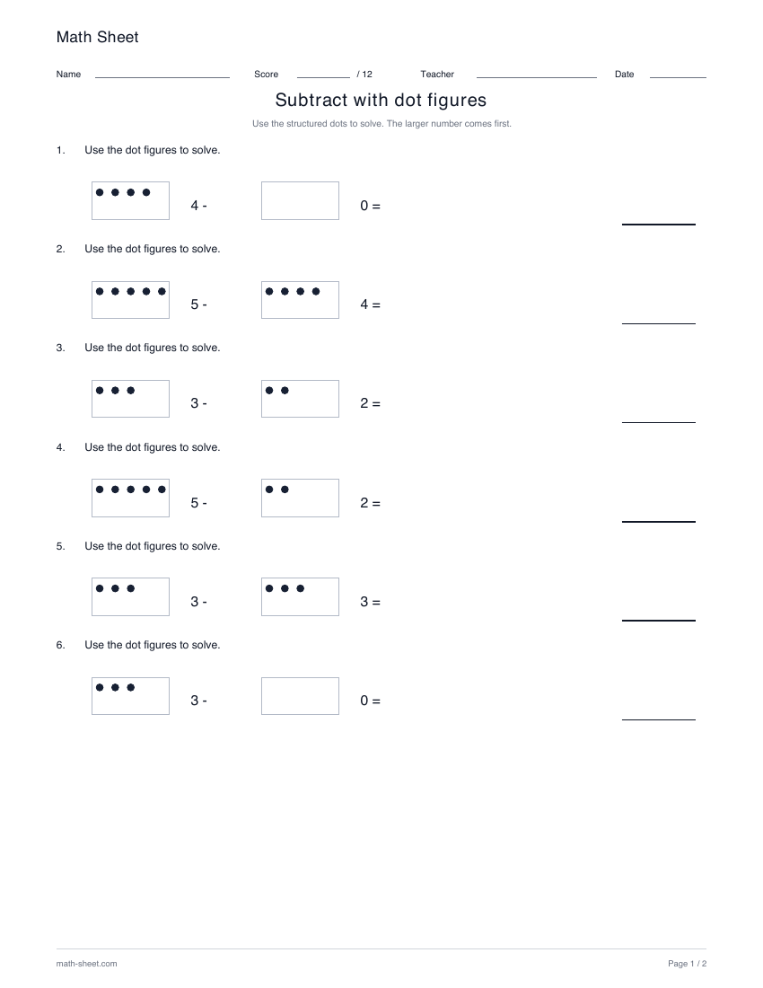 Printable subtract with dot figures worksheet preview